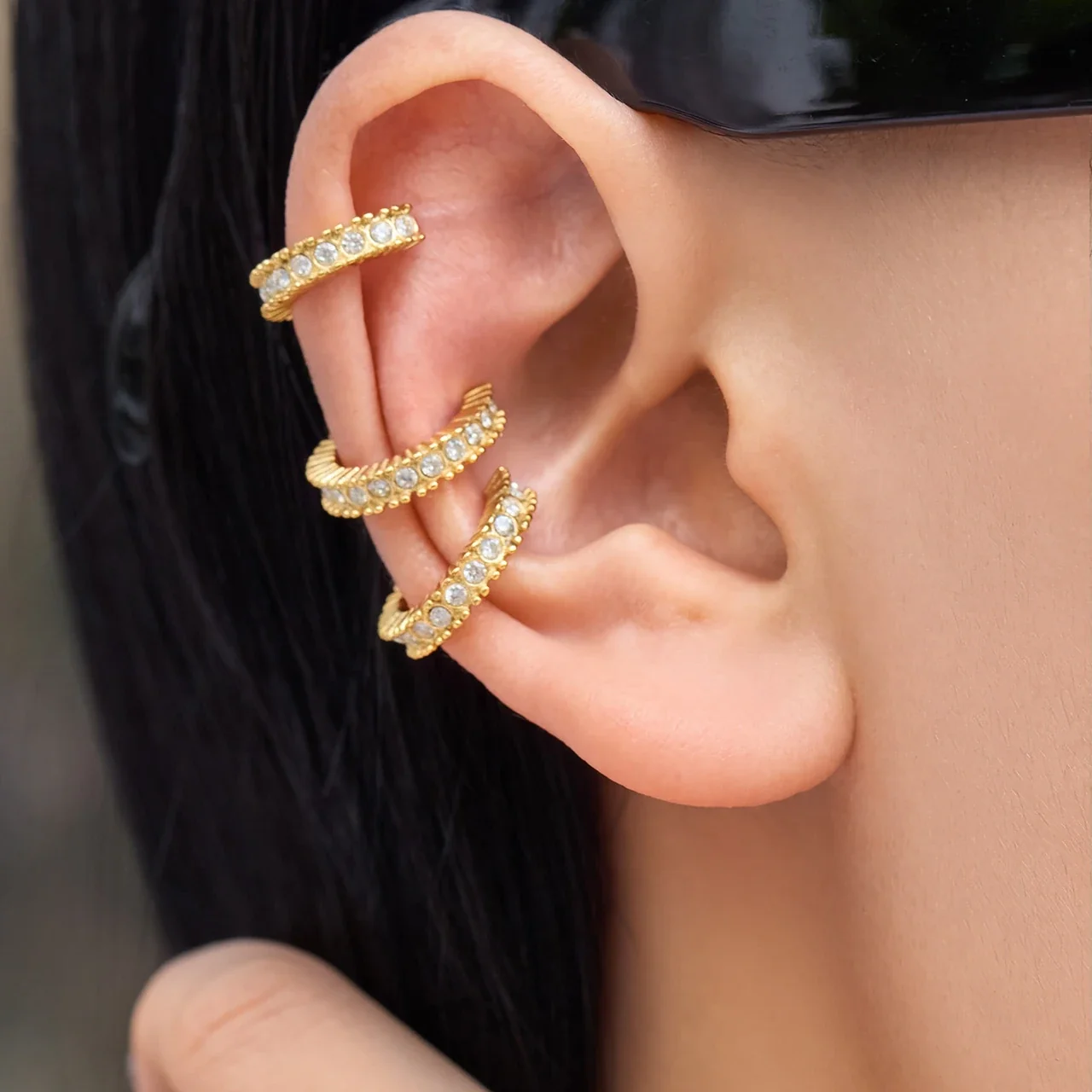 Ear Cuff with Ribbed Open Hoop and Round CZ, Stainless Steel
