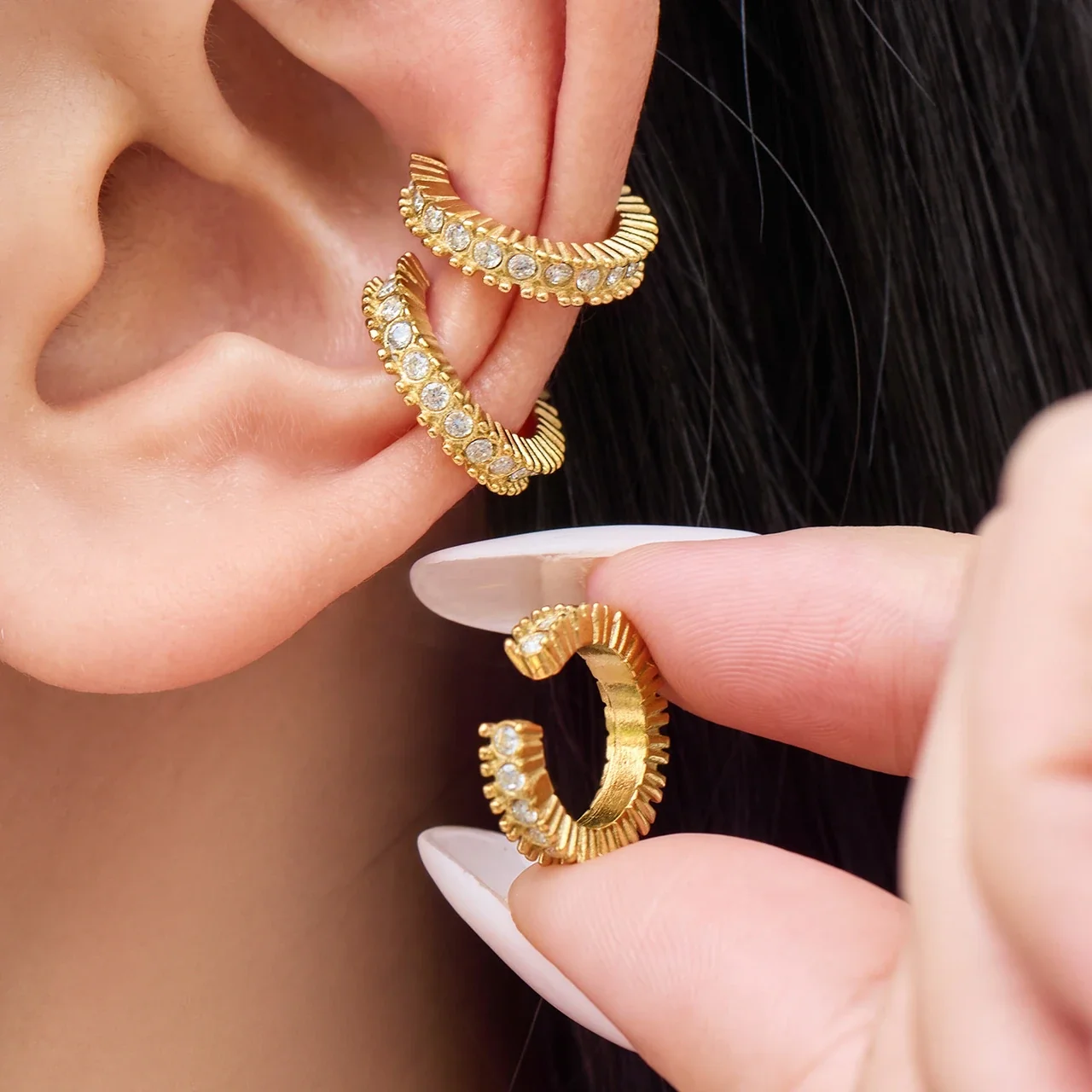 Ear Cuff with Ribbed Open Hoop and Round CZ, Stainless Steel