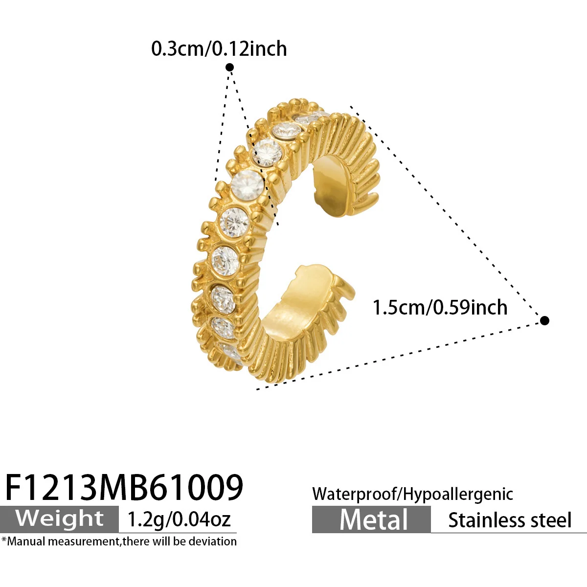 Ear Cuff with Ribbed Open Hoop and Round CZ, Stainless Steel - Dimensions