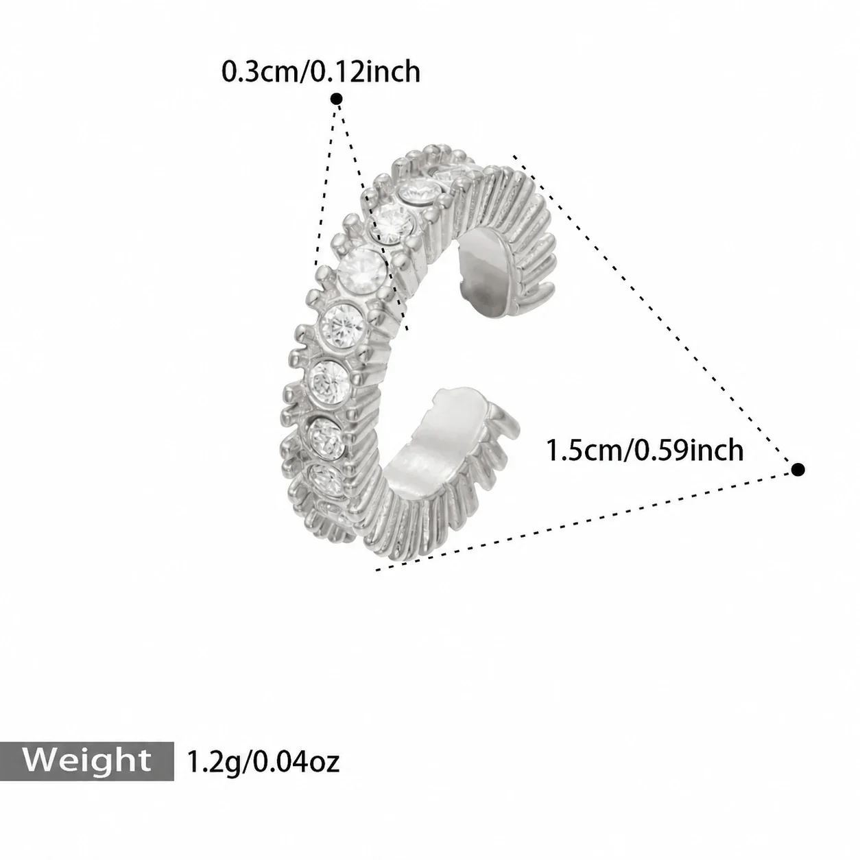 Ear Cuff with Ribbed Open Hoop and Round CZ, Stainless Steel - Silver Single Piece