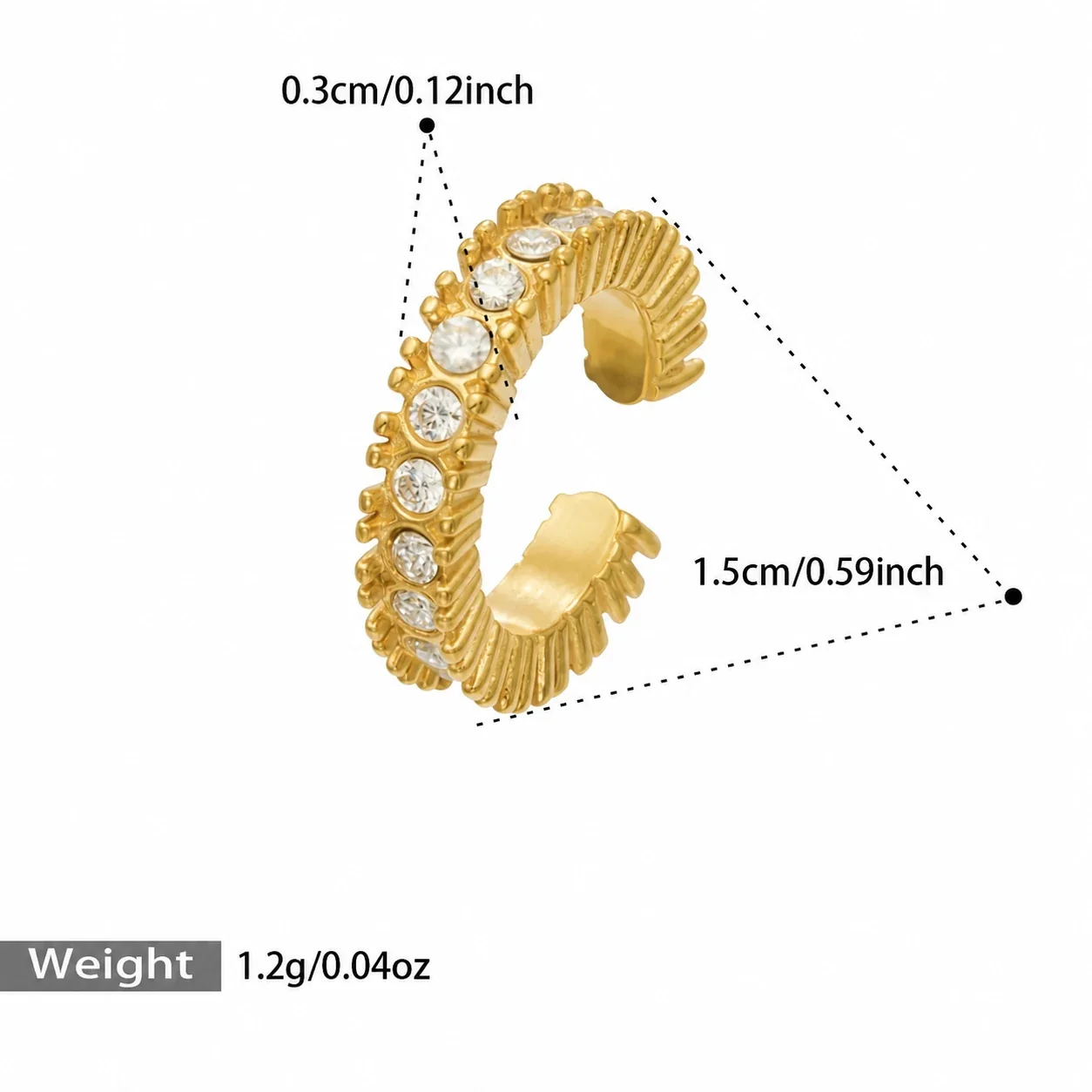Ear Cuff with Ribbed Open Hoop and Round CZ, Stainless Steel - Gold Single Piece