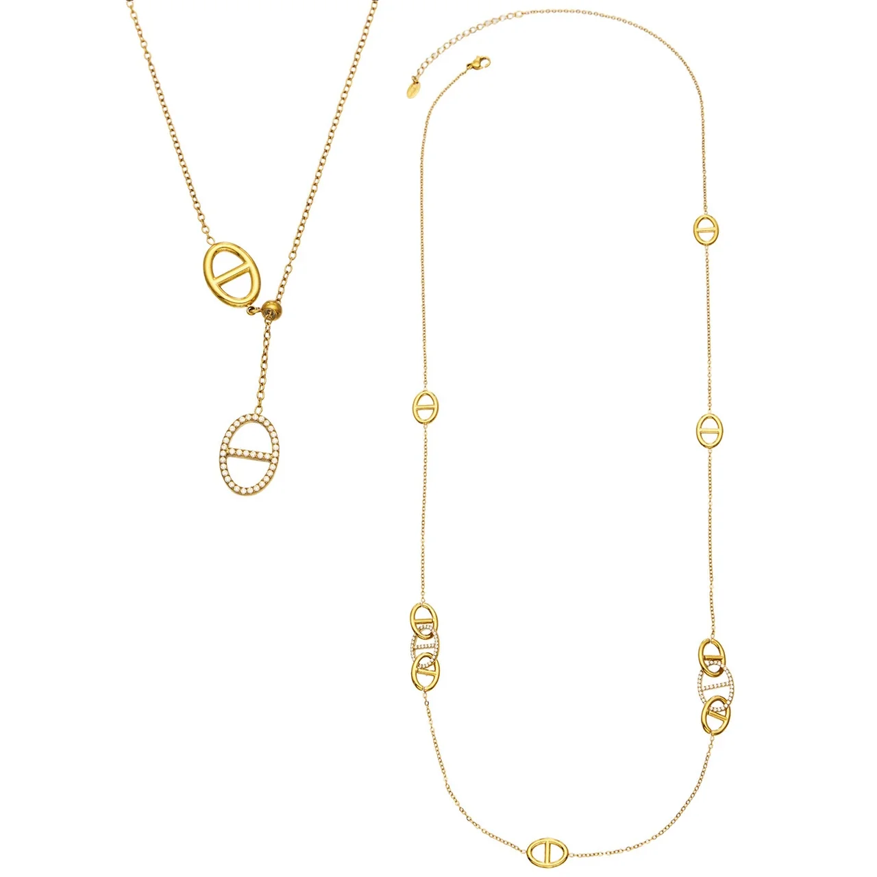 Necklace with Oval Link Motifs & CZ Drop, 18K Gold-Plated Steel