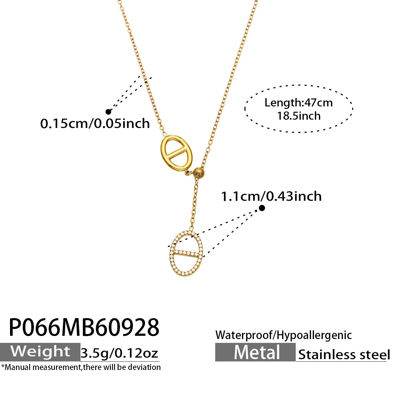 Photo produit : Collier à maillons ovales et pendentif CZ, acier plaqué or 18K