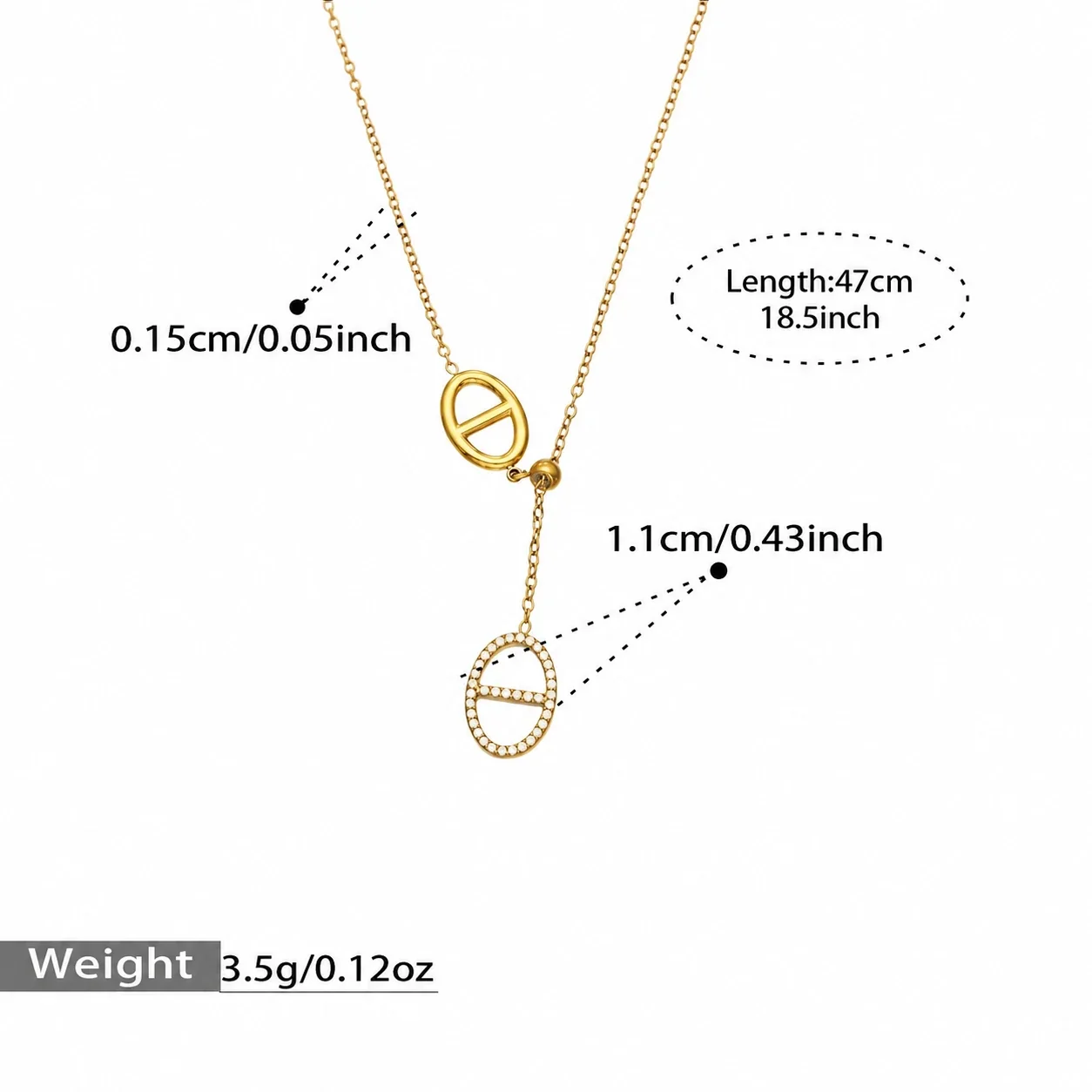 Photo produit : Collier à maillons ovales et pendentif CZ, acier plaqué or 18K