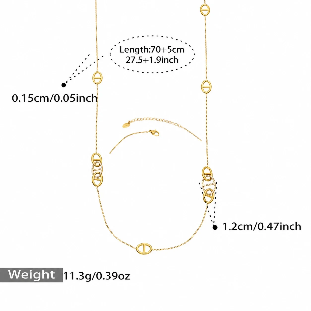 Photo produit : Collier à maillons ovales et pendentif CZ, acier plaqué or 18K