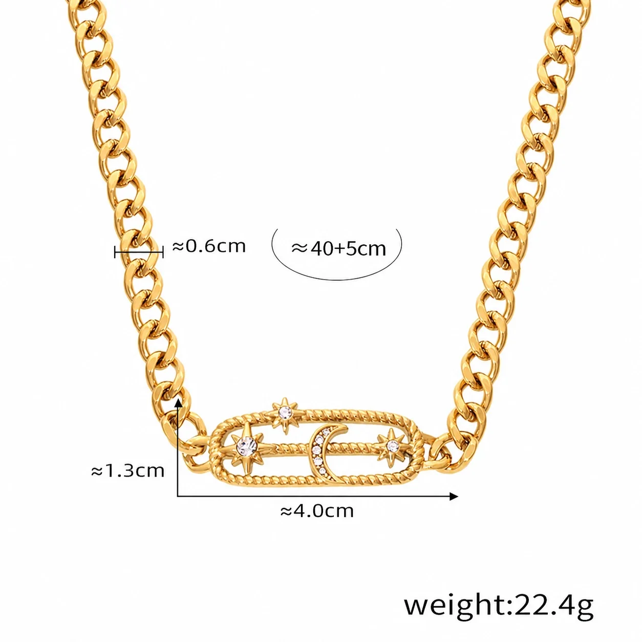 Celestial Gold PVD 316L Cuban Chain Necklace Collection - Gold Star and Moon Cubic Zirconia