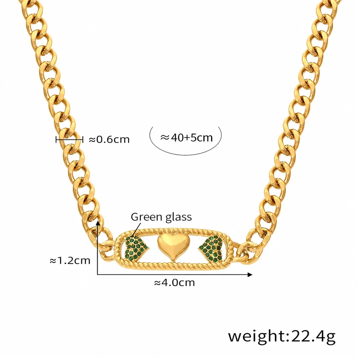 Celestial Gold PVD 316L Cuban Chain Necklace Collection - Gold Heart Green Crystal