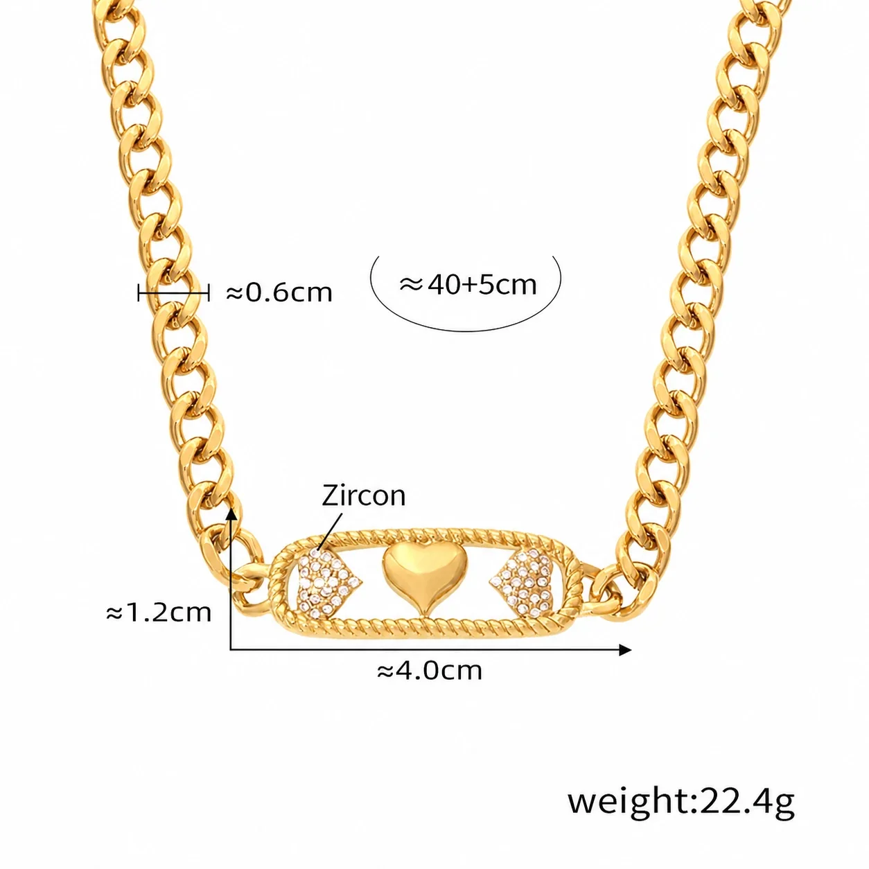 Celestial Gold PVD 316L Cuban Chain Necklace Collection - Gold Heart White Cubic Zirconia