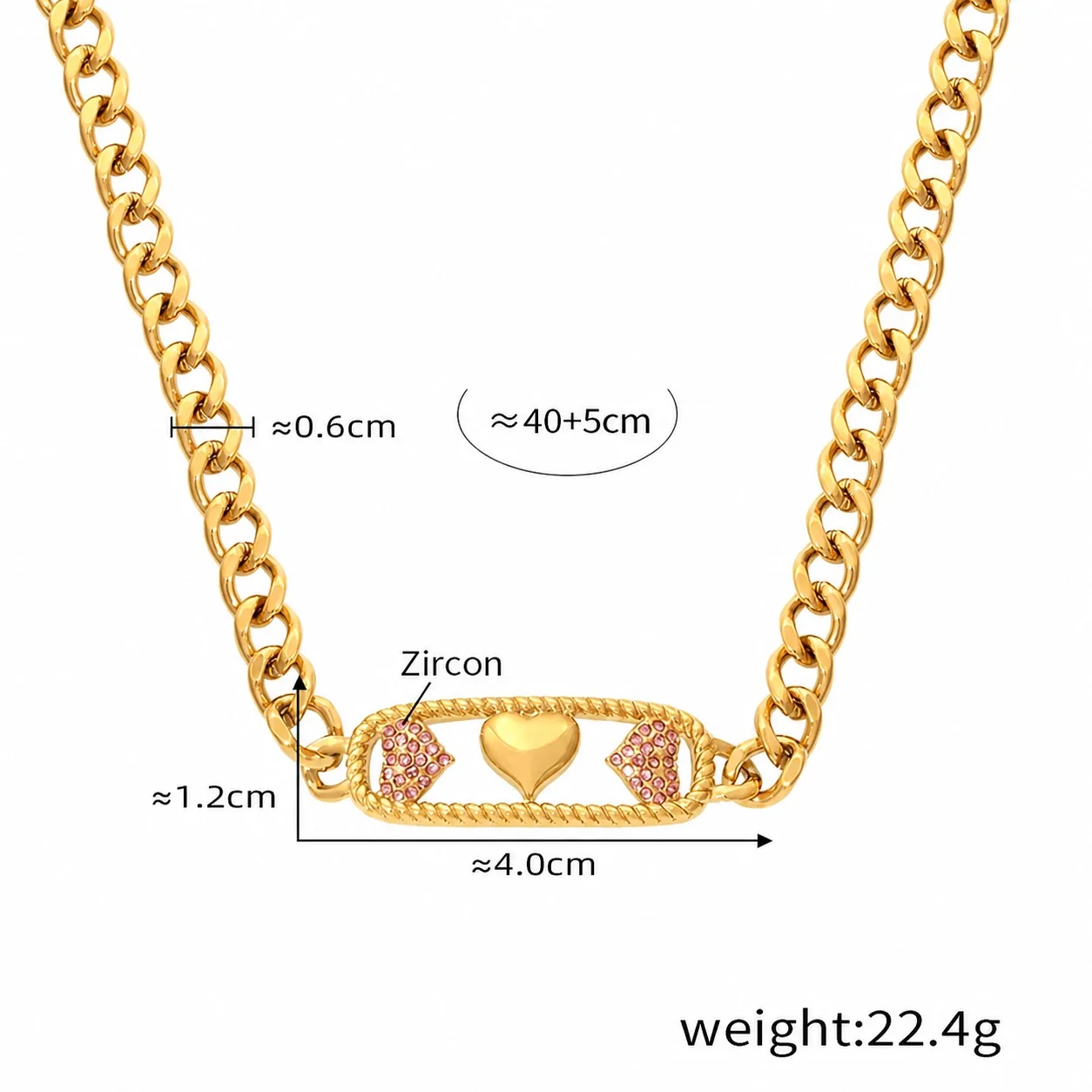Celestial Gold PVD 316L Cuban Chain Necklace Collection - Gold Heart Pink Cubic Zirconia