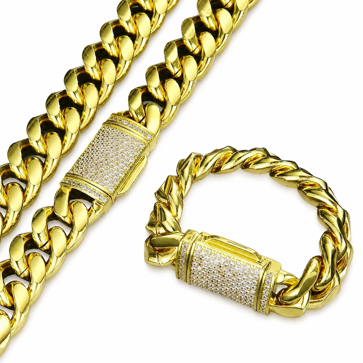 Bold 14K Gold-Plated Miami Cuban Pavé Box Chain Bracelet