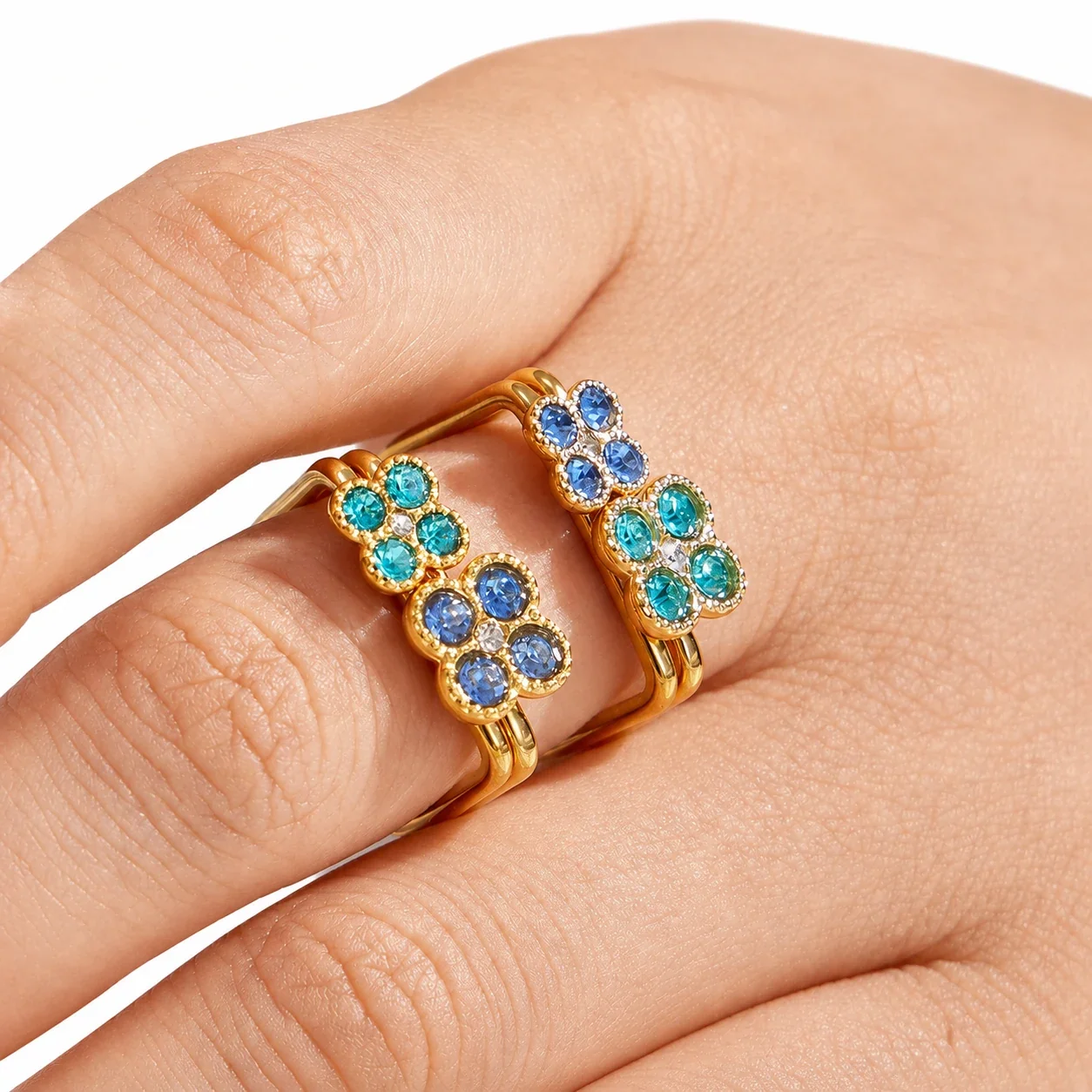 Playful 18K Gold PVD 316 Stainless Steel U-Shape Floral CZ Ring