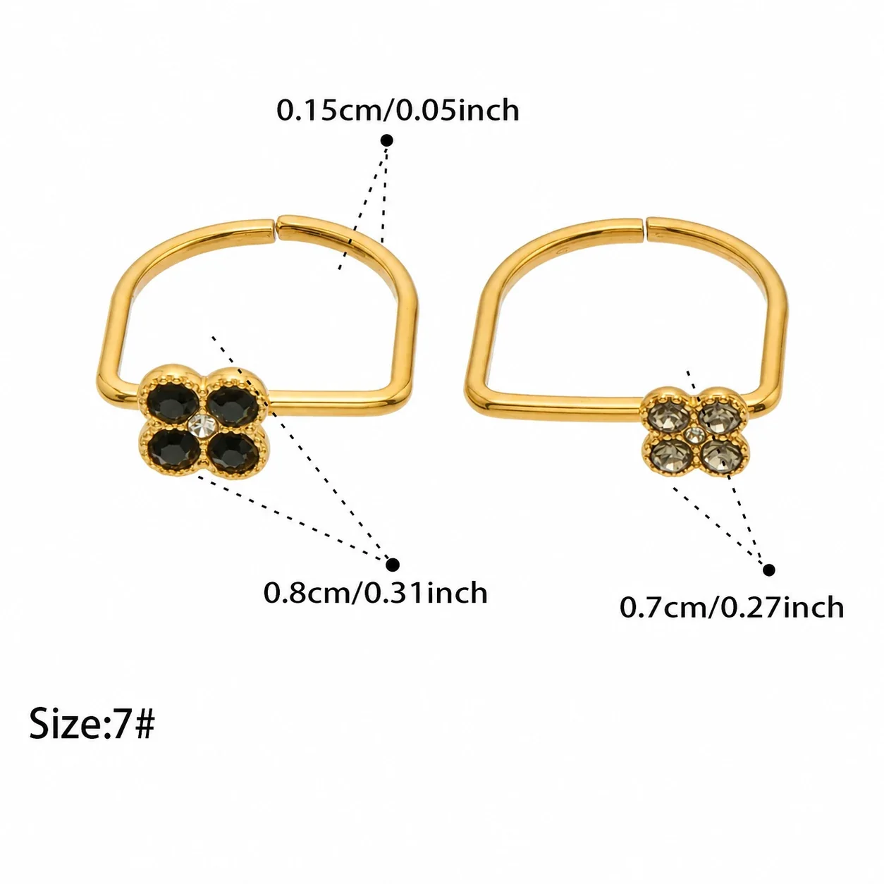 Playful 18K Gold PVD 316 Stainless Steel U-Shape Floral CZ Ring - Gold Black CZ + Gray CZ