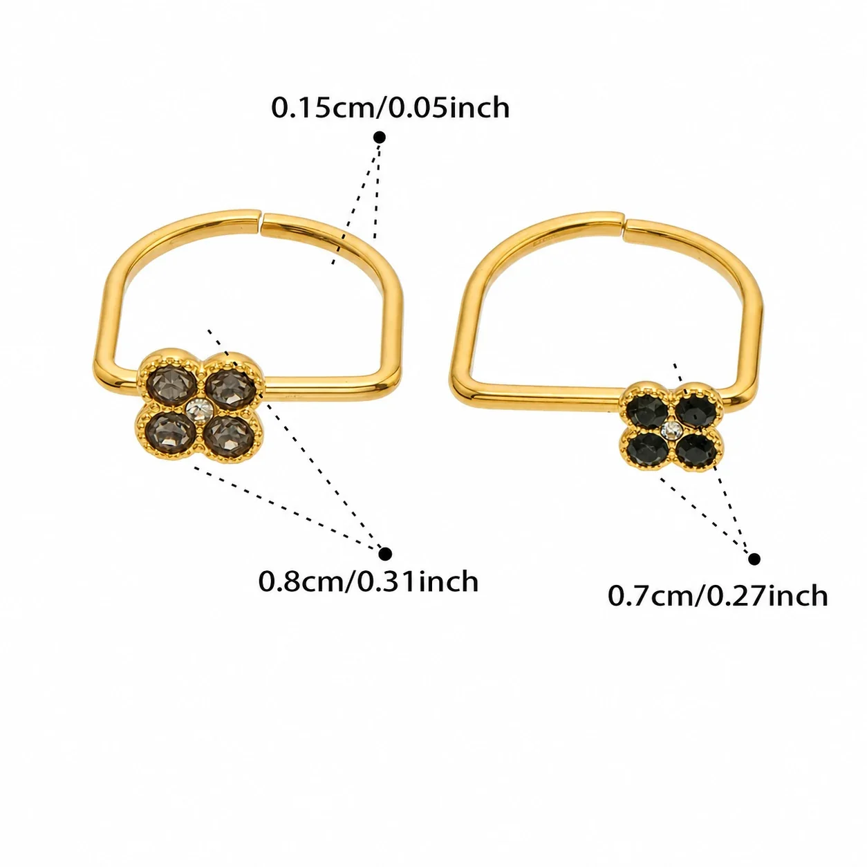 Playful 18K Gold PVD 316 Stainless Steel U-Shape Floral CZ Ring - Gold Gray CZ + Black CZ