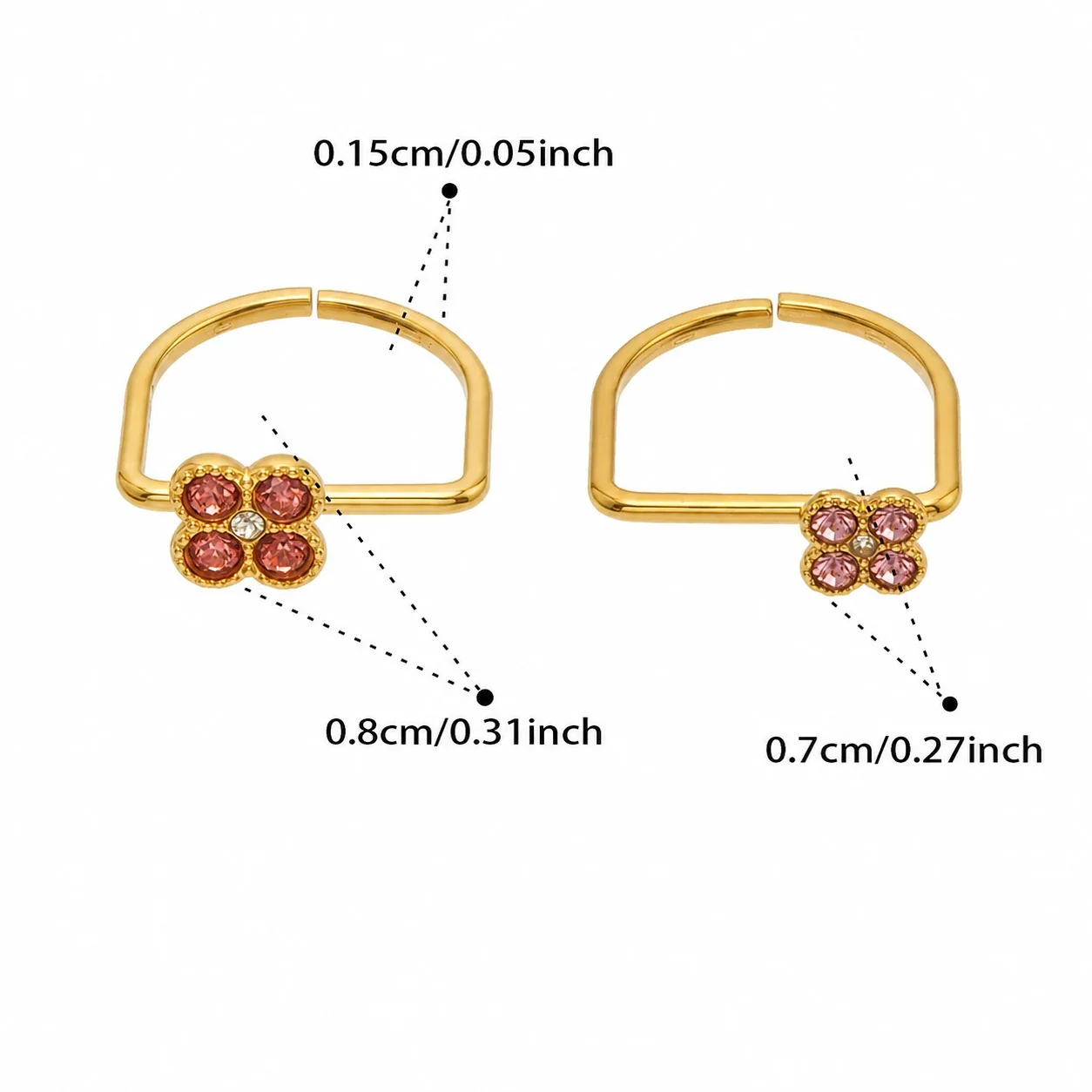 Playful 18K Gold PVD 316 Stainless Steel U-Shape Floral CZ Ring - Gold Fuchsia CZ + Pink CZ