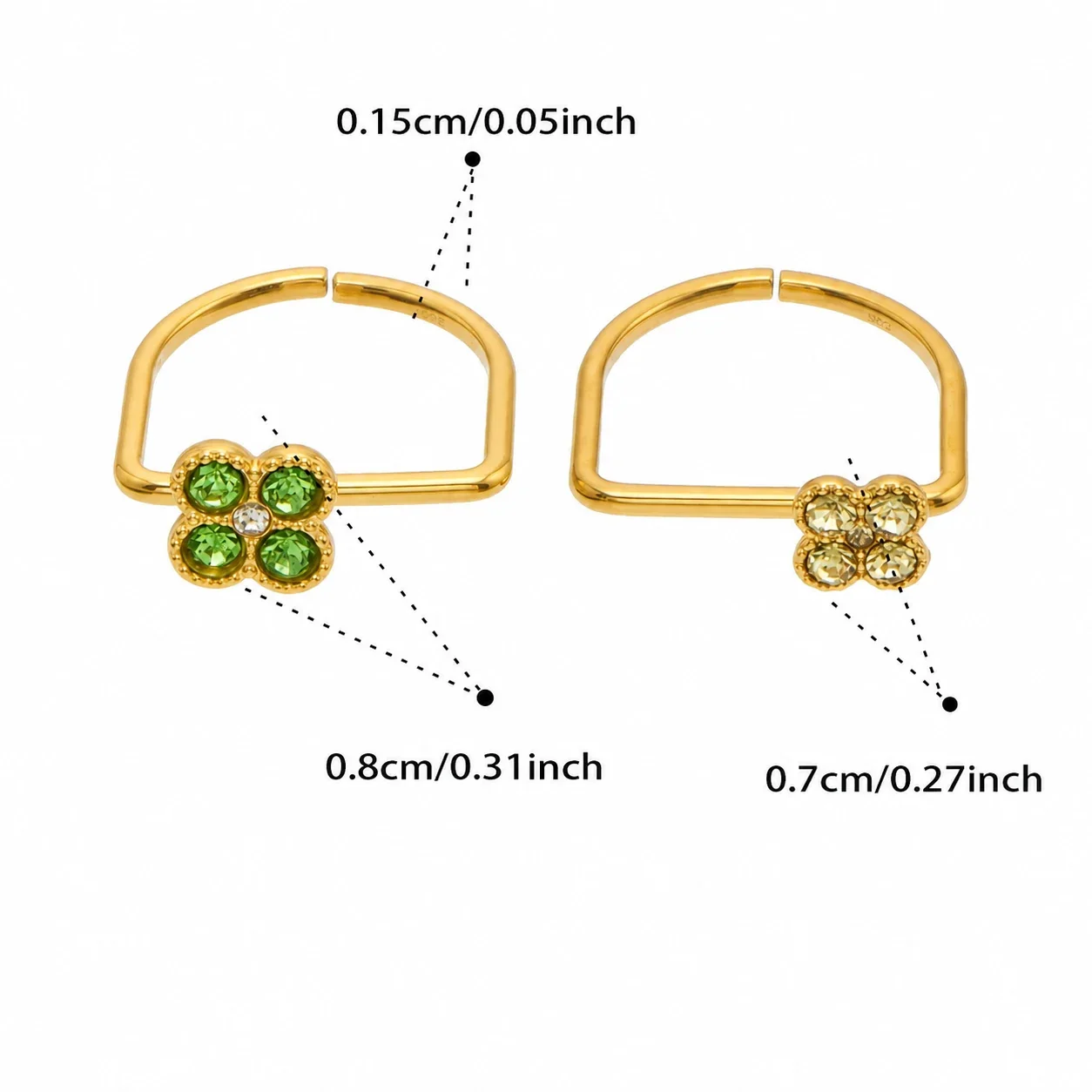 Playful 18K Gold PVD 316 Stainless Steel U-Shape Floral CZ Ring - Gold Light Green CZ + Yellow CZ