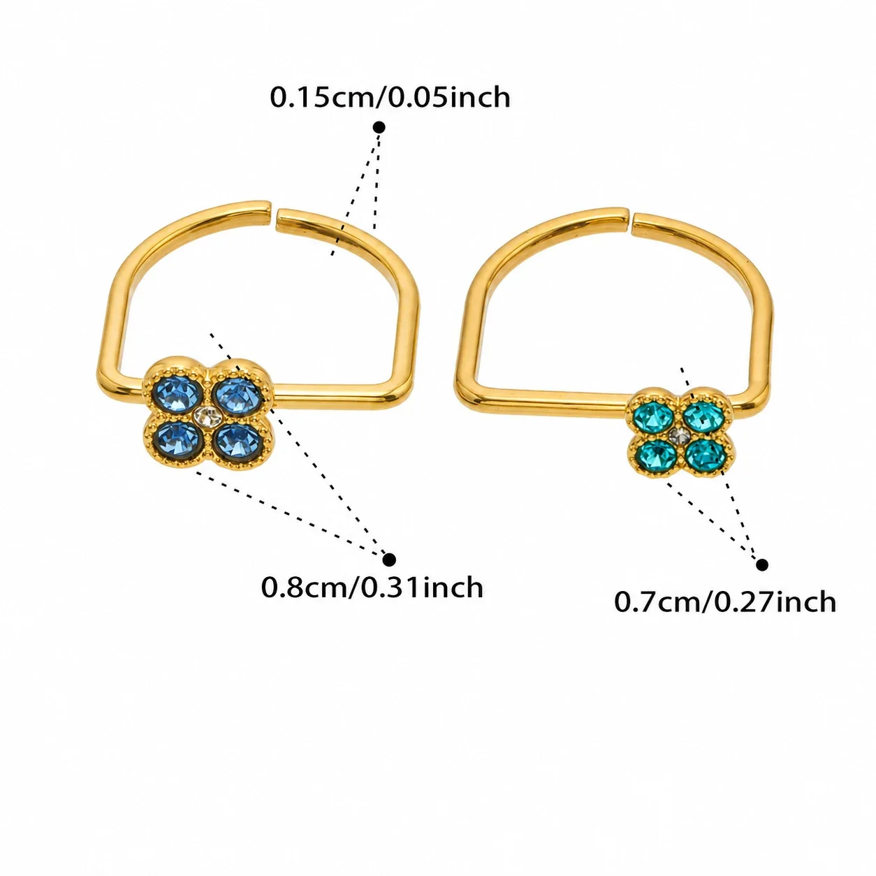 Playful 18K Gold PVD 316 Stainless Steel U-Shape Floral CZ Ring - Gold Dark Blue CZ + Light Blue CZ