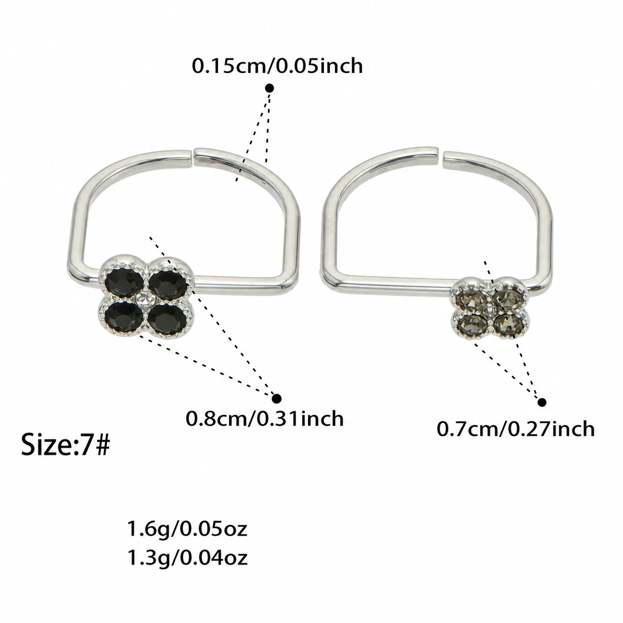 Playful 18K Gold PVD 316 Stainless Steel U-Shape Floral CZ Ring - Silver Black CZ + Gray CZ