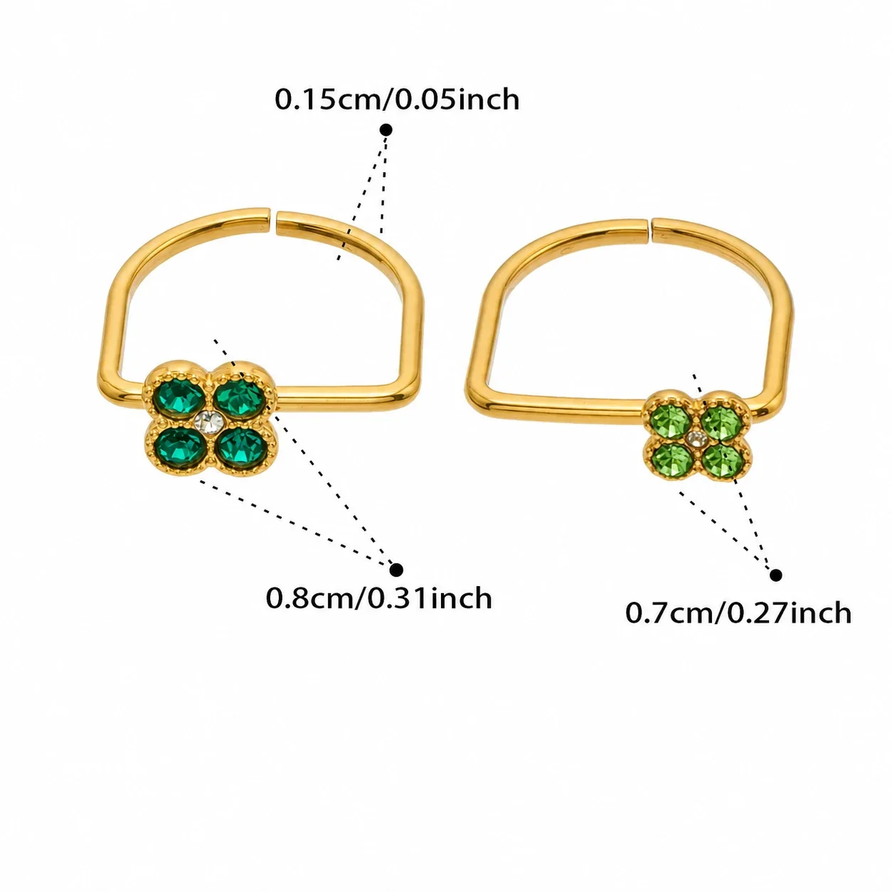 Playful 18K Gold PVD 316 Stainless Steel U-Shape Floral CZ Ring - Gold Dark Green CZ + Light Green CZ