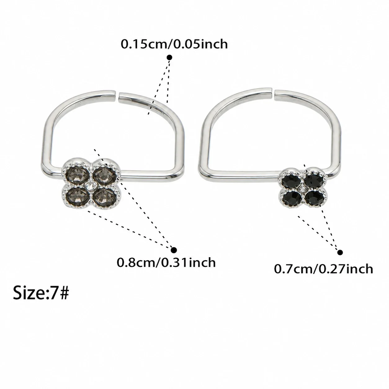 Playful 18K Gold PVD 316 Stainless Steel U-Shape Floral CZ Ring - Silver Gray CZ + Black CZ