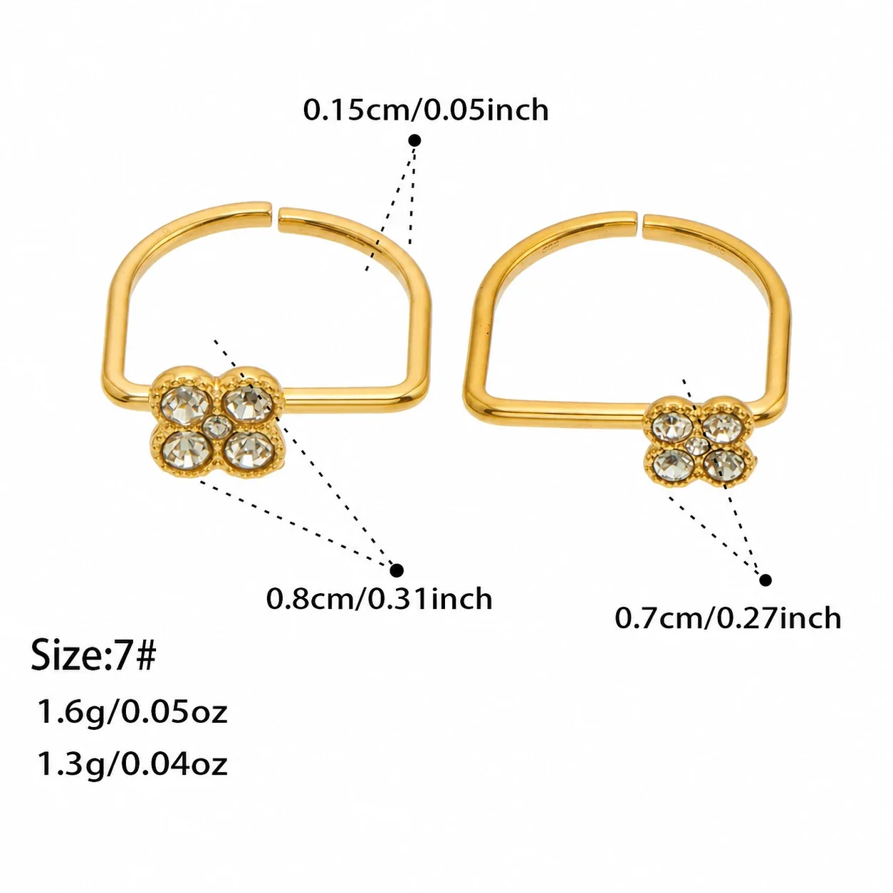 Playful 18K Gold PVD 316 Stainless Steel U-Shape Floral CZ Ring - Gold Clear CZ + Clear CZ