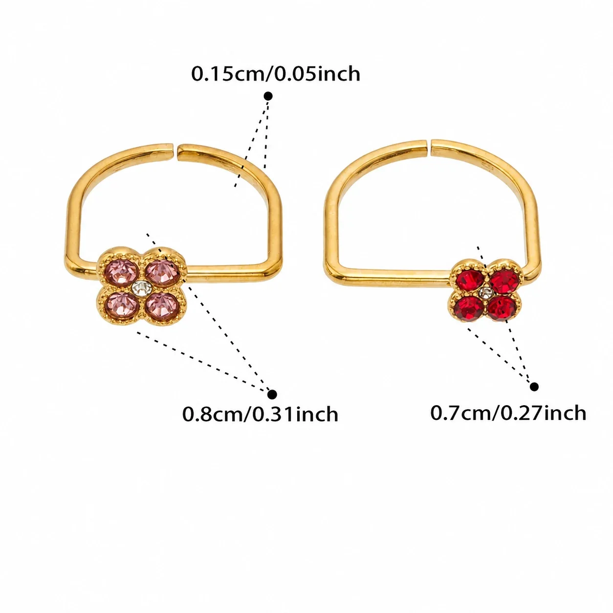 Playful 18K Gold PVD 316 Stainless Steel U-Shape Floral CZ Ring - Gold Pink CZ + Red CZ