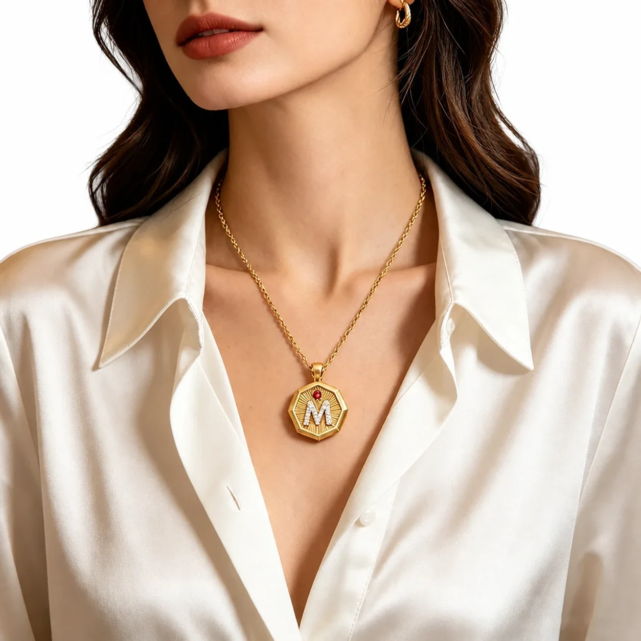 Octagonal Gold-Plated 316 Stainless Steel M Initial Pendant Necklace