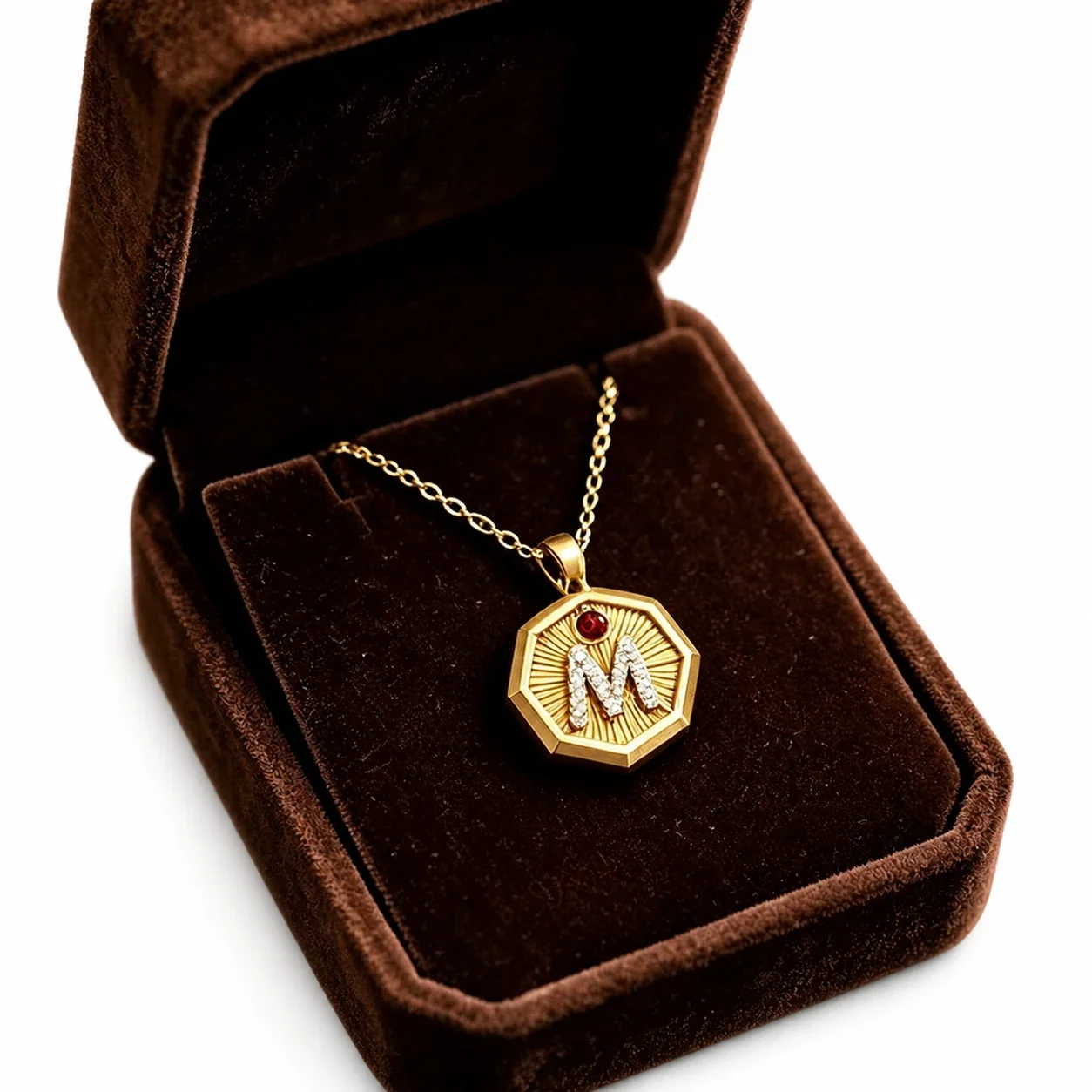 Octagonal Gold-Plated 316 Stainless Steel M Initial Pendant Necklace