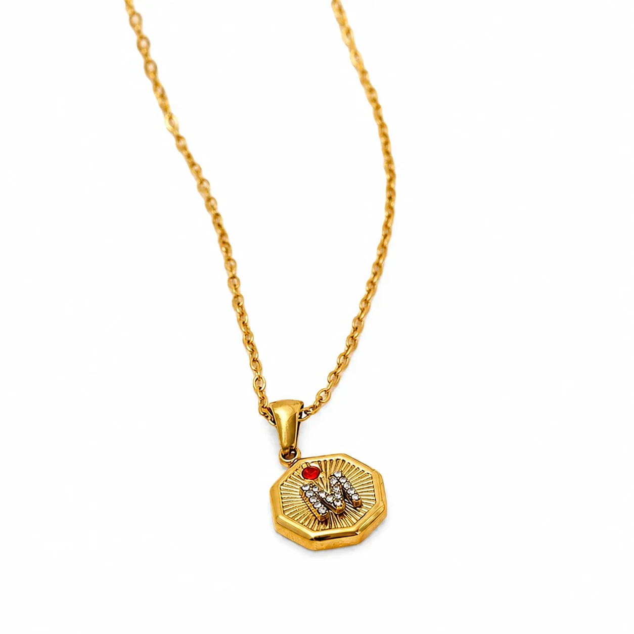 Octagonal Gold-Plated 316 Stainless Steel M Initial Pendant Necklace