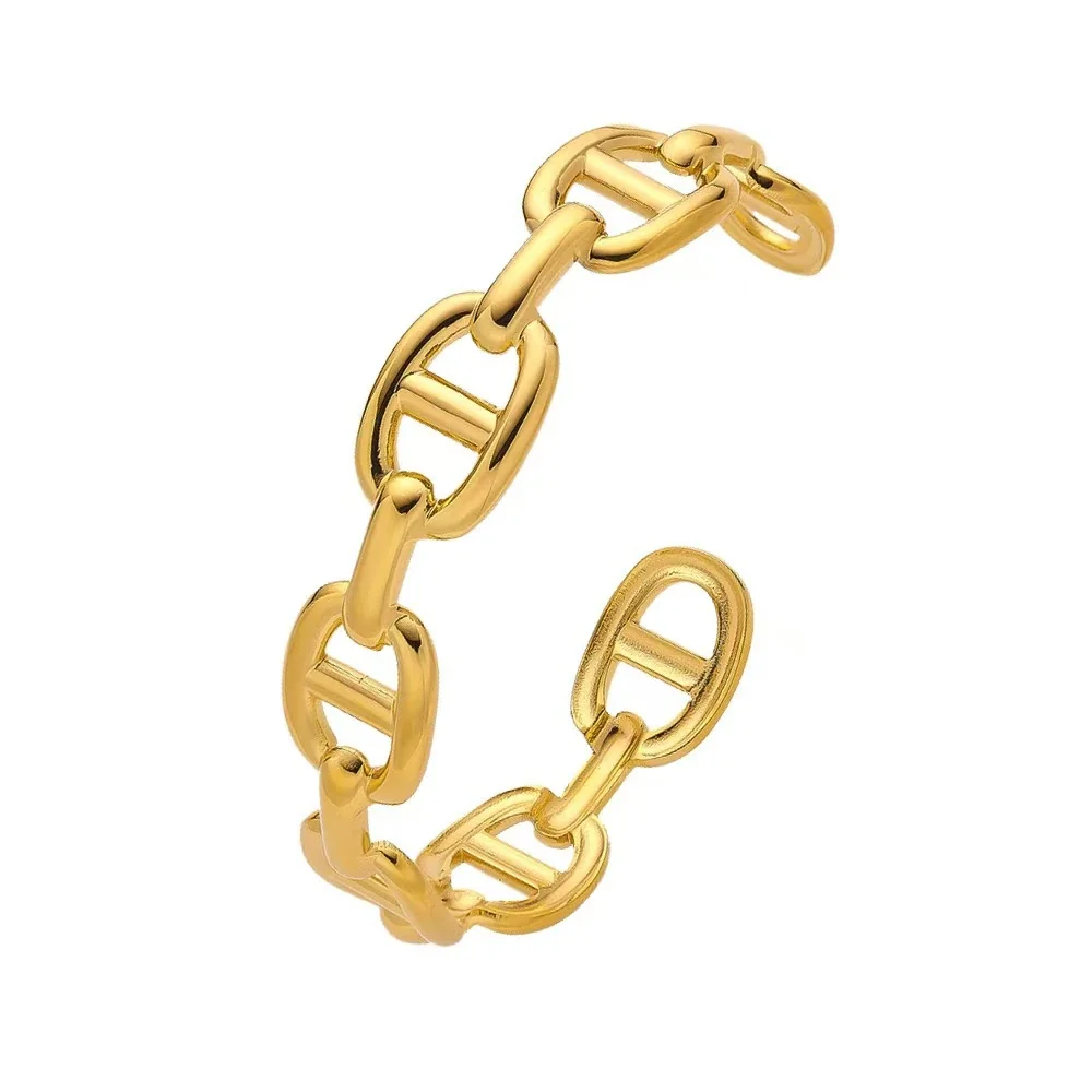 Cuff Bracelet with Oval Bar Links, Gold-Plated Stainless Steel