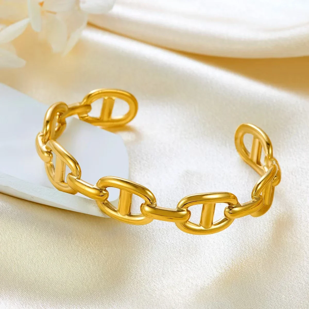 Cuff Bracelet with Oval Bar Links, Gold-Plated Stainless Steel