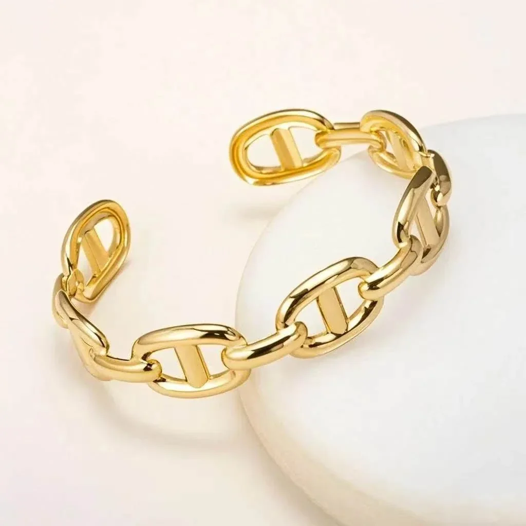 Cuff Bracelet with Oval Bar Links, Gold-Plated Stainless Steel