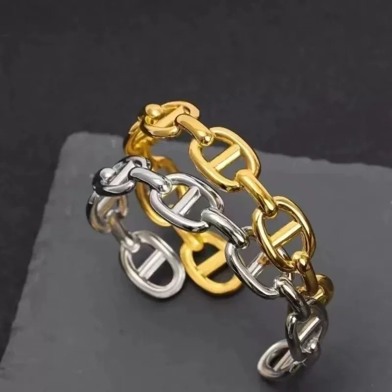 Cuff Bracelet with Oval Bar Links, Gold-Plated Stainless Steel