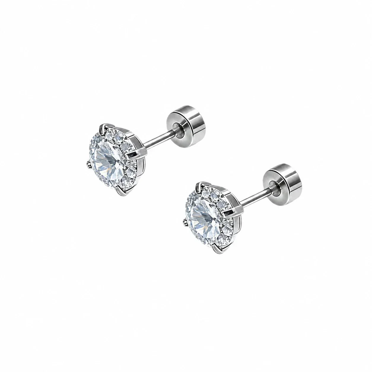 Polished 316 Round CZ Screw-Back Stud Earrings