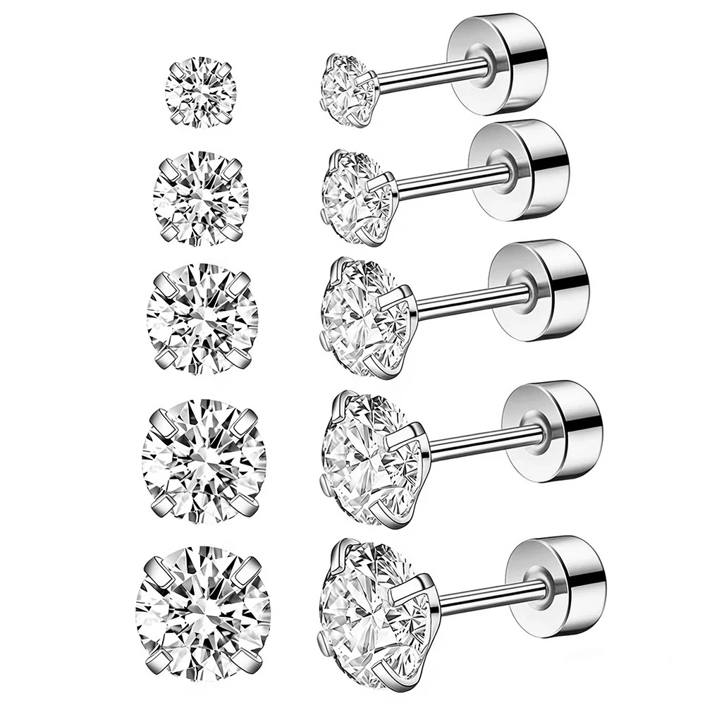 Polished 316 Round CZ Screw-Back Stud Earrings - Gold mm