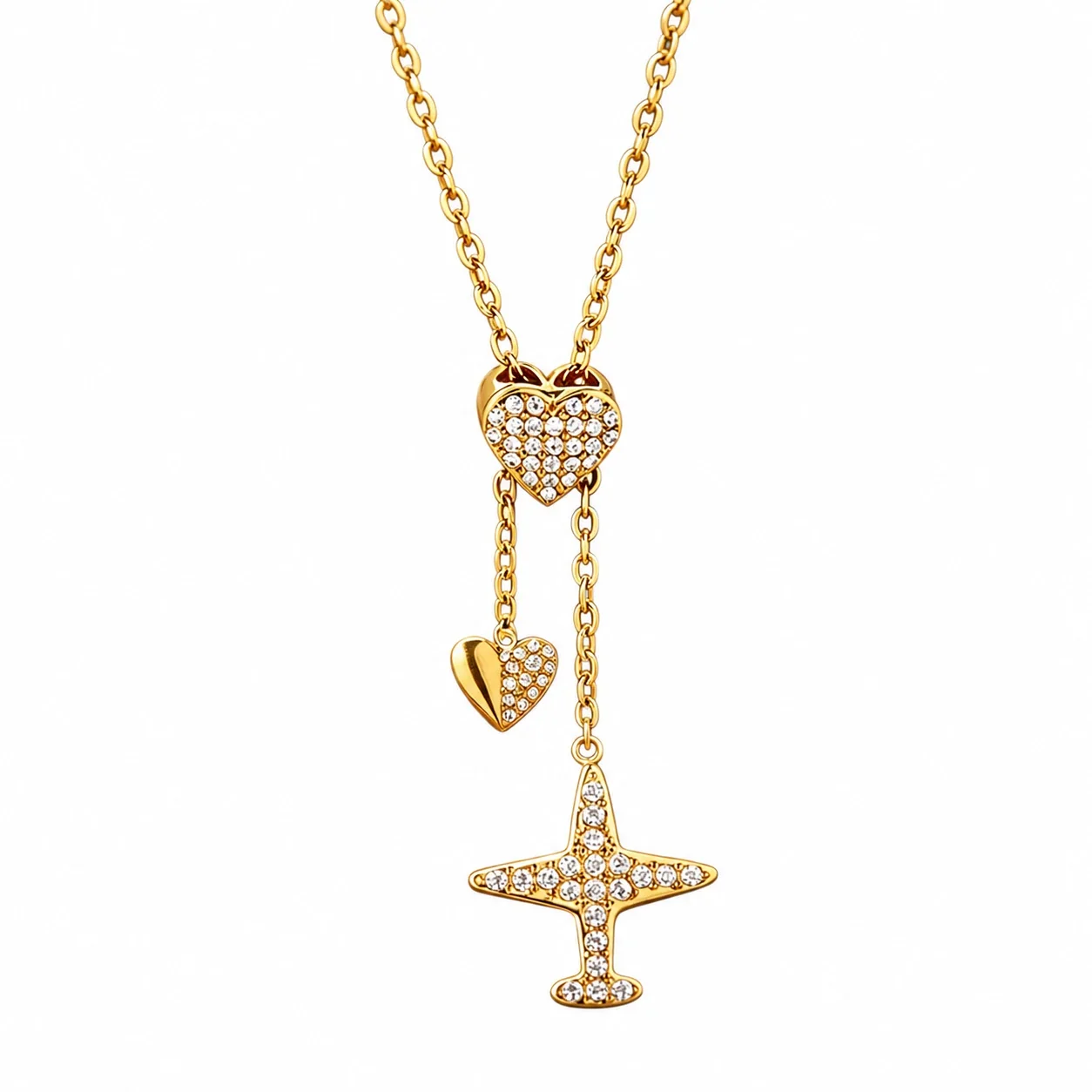 Polished Stainless Steel Pavé Heart Charm Necklace