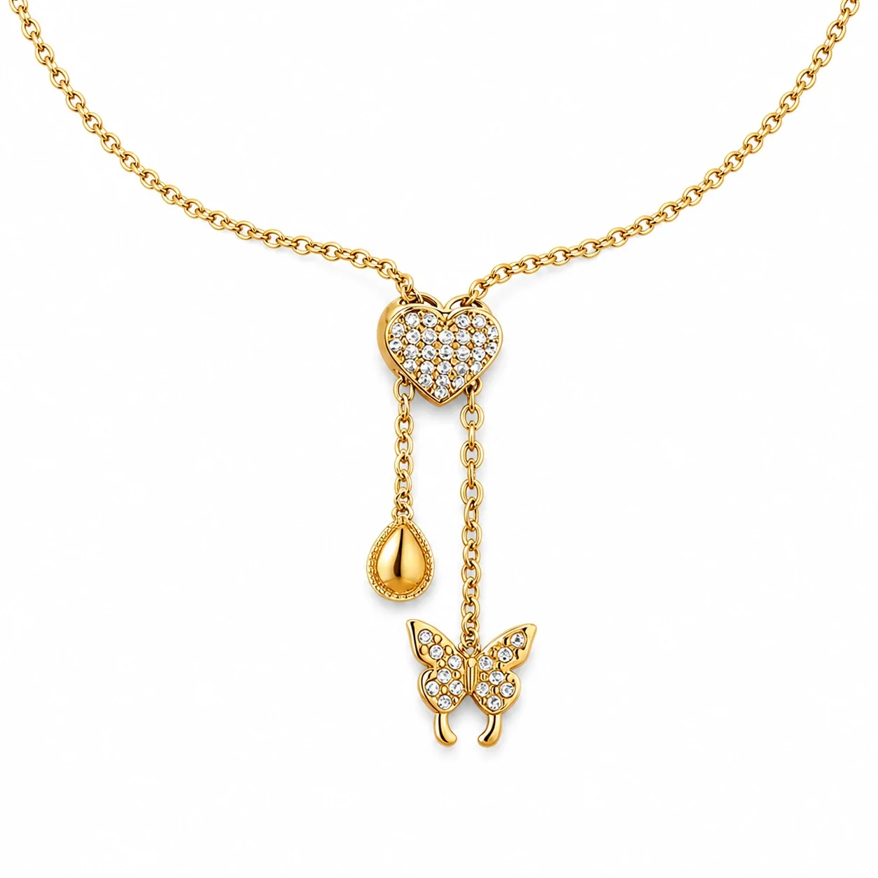 Polished Stainless Steel Pavé Heart Charm Necklace