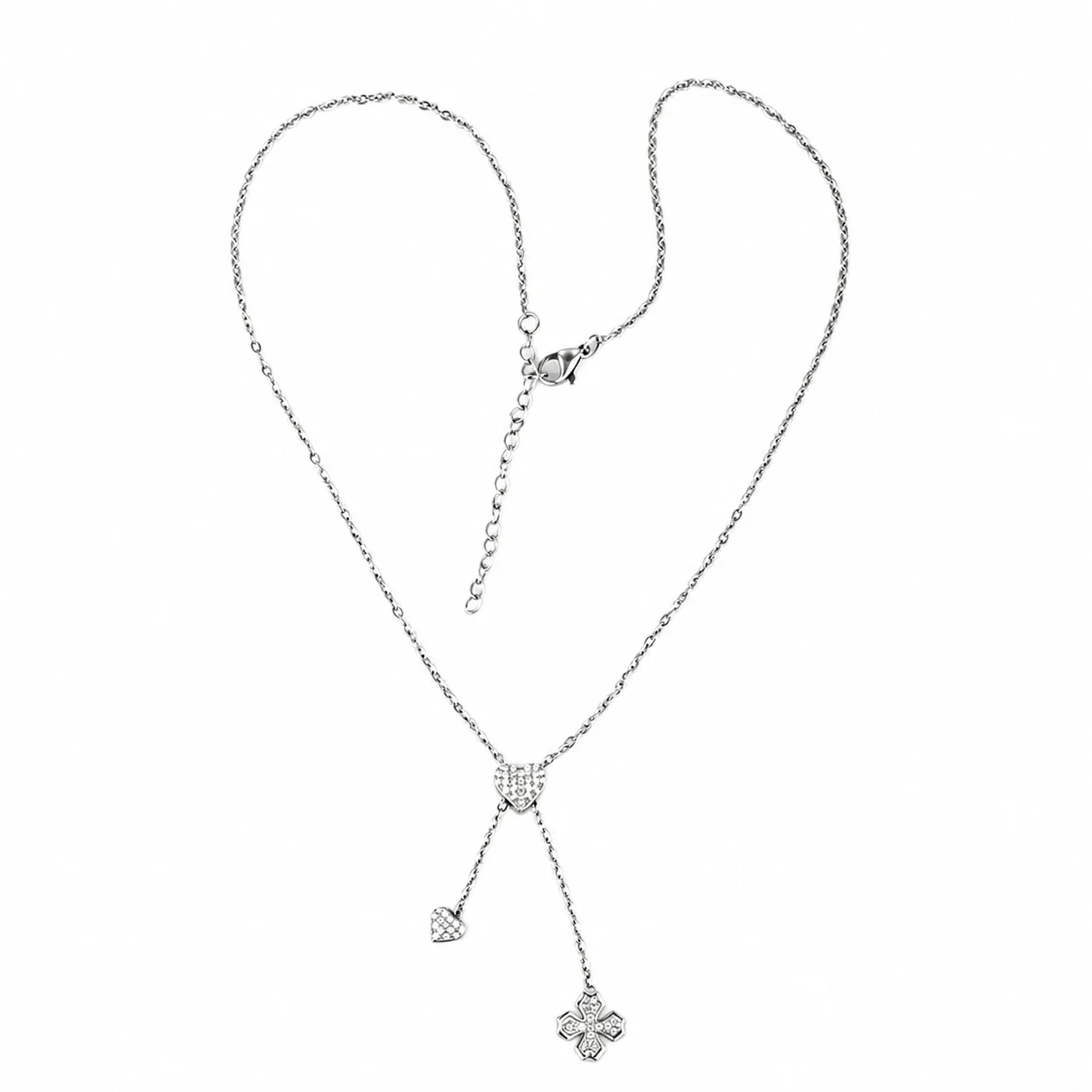 Polished Stainless Steel Pavé Heart Charm Necklace