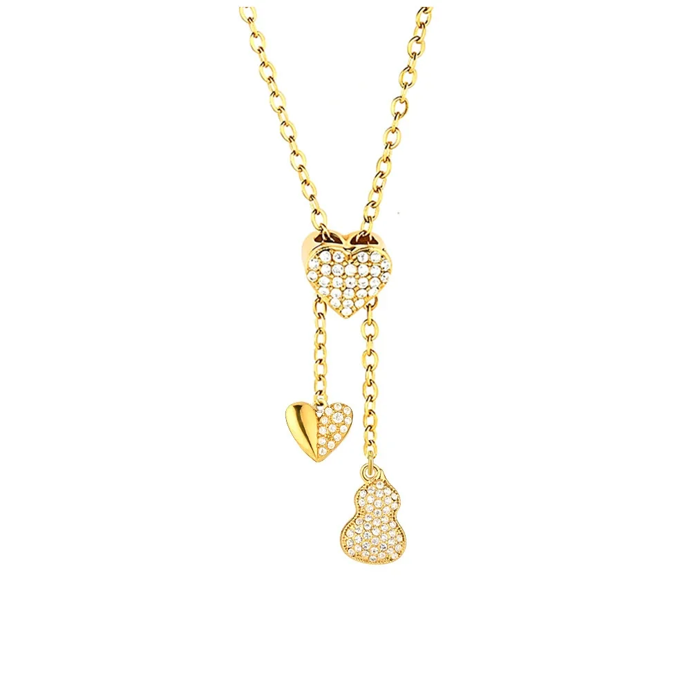 Polished Stainless Steel Pavé Heart Charm Necklace