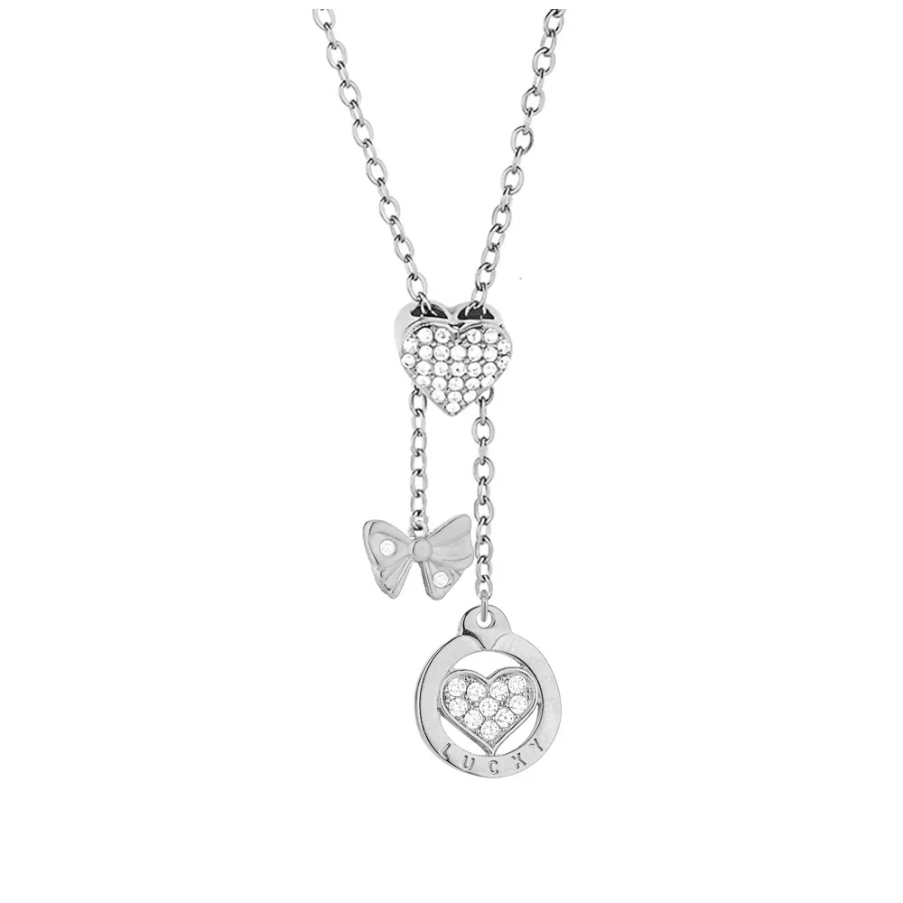 Polished Stainless Steel Pavé Heart Charm Necklace - Silver Lucky Heart Charm