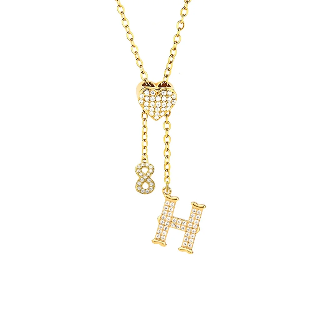 Polished Stainless Steel Pavé Heart Charm Necklace - Gold Letter H Charm