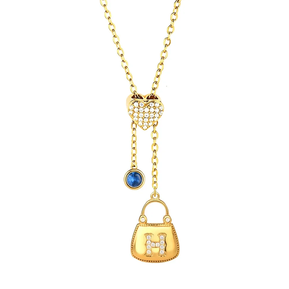 Polished Stainless Steel Pavé Heart Charm Necklace - Gold Bag Charm B