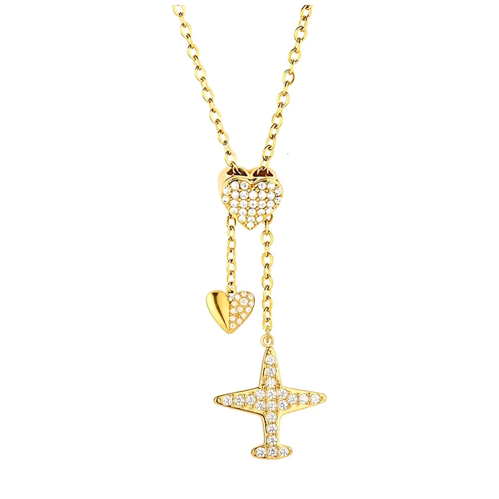 Polished Stainless Steel Pavé Heart Charm Necklace - Gold Airplane Charm