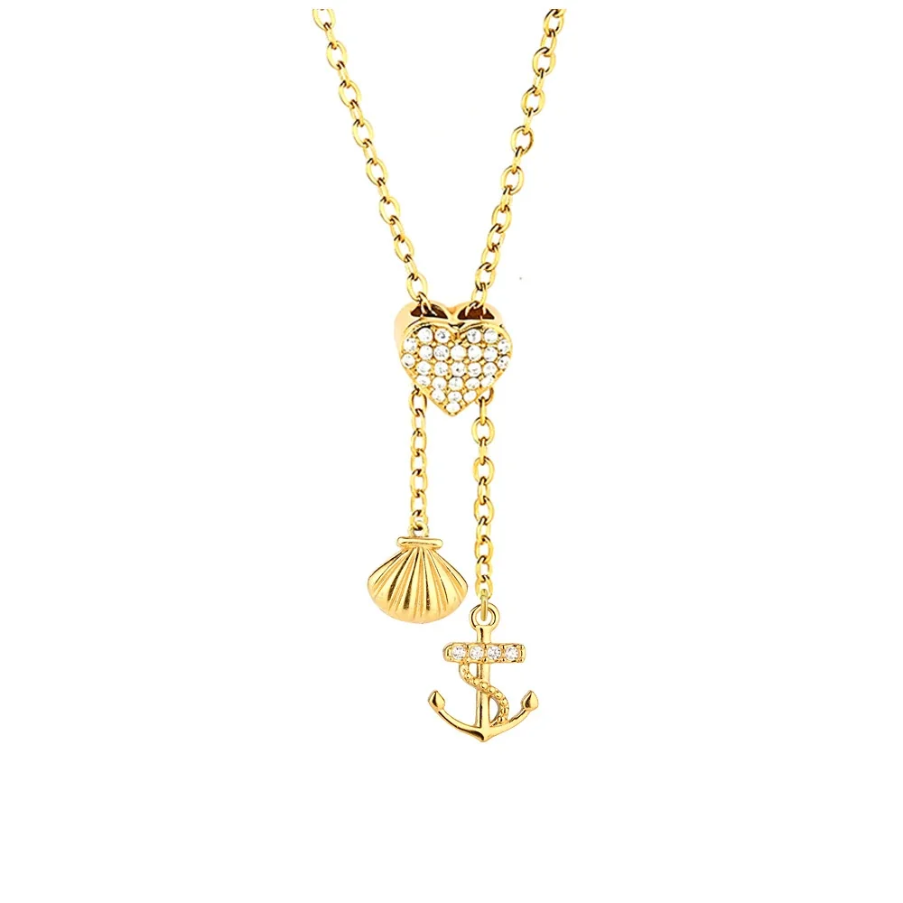 Polished Stainless Steel Pavé Heart Charm Necklace - Gold Anchor Charm