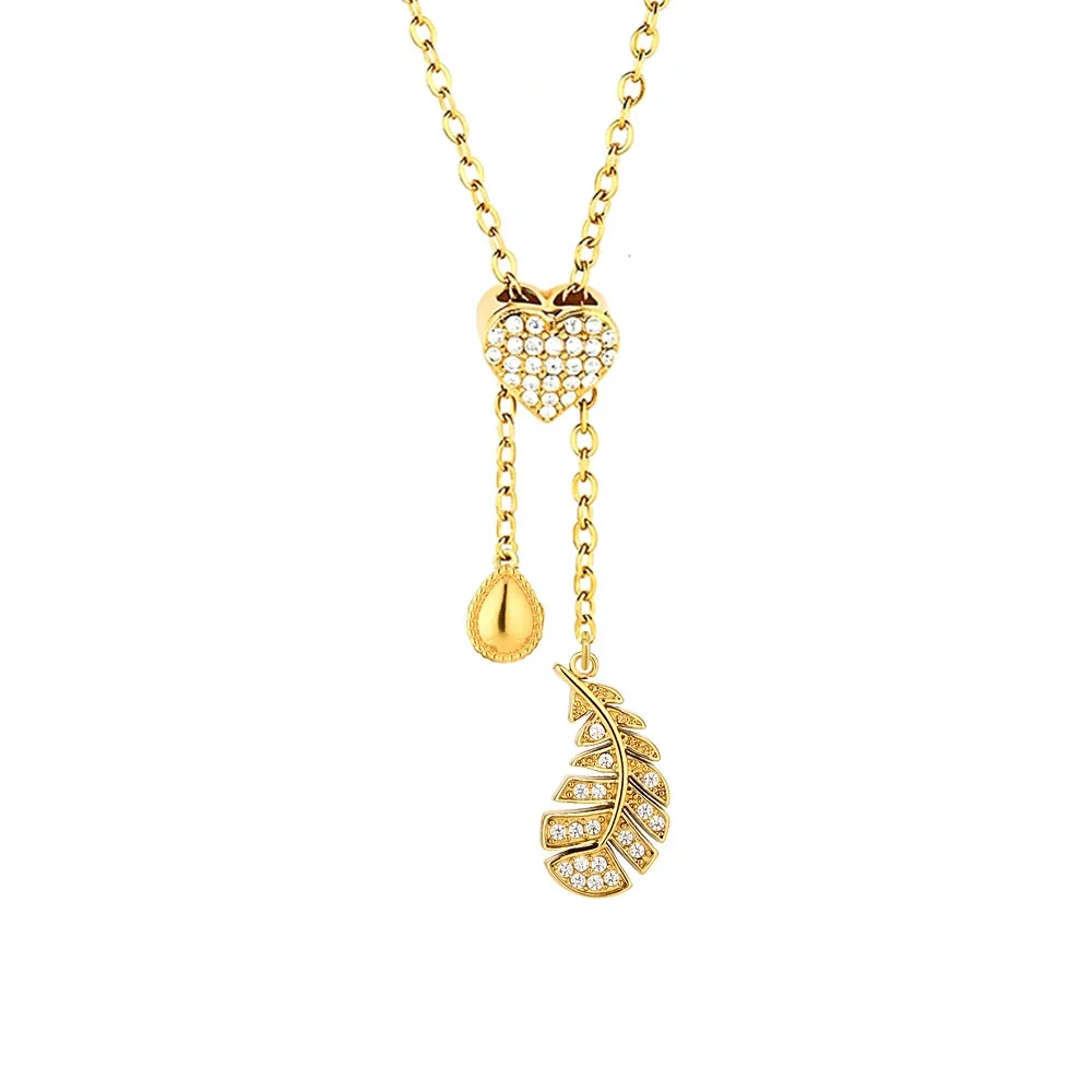 Polished Stainless Steel Pavé Heart Charm Necklace - Gold Wheat Ear Charm
