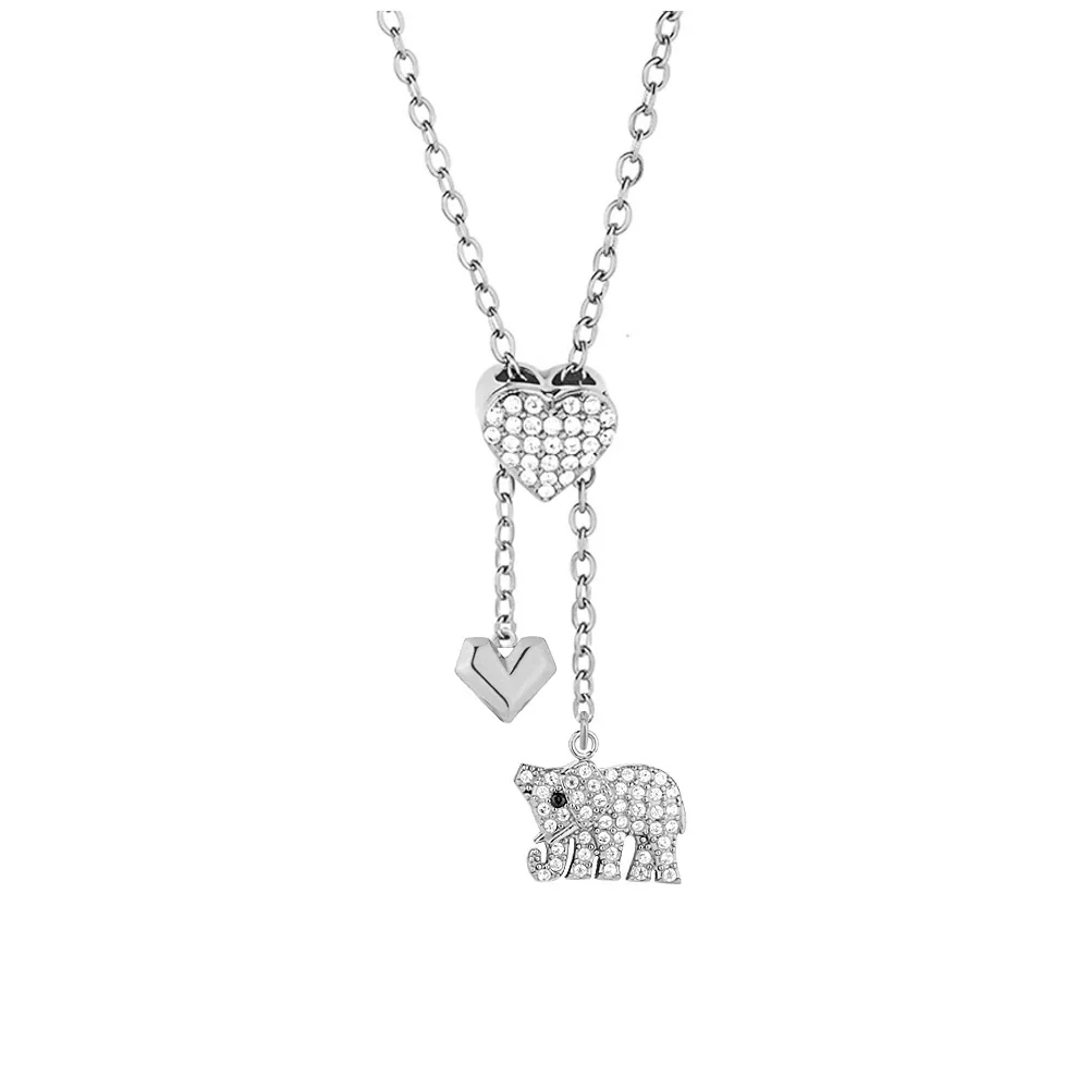 Polished Stainless Steel Pavé Heart Charm Necklace - Silver Elephant Charm