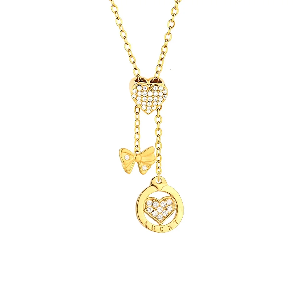 Polished Stainless Steel Pavé Heart Charm Necklace - Gold Lucky Heart Charm