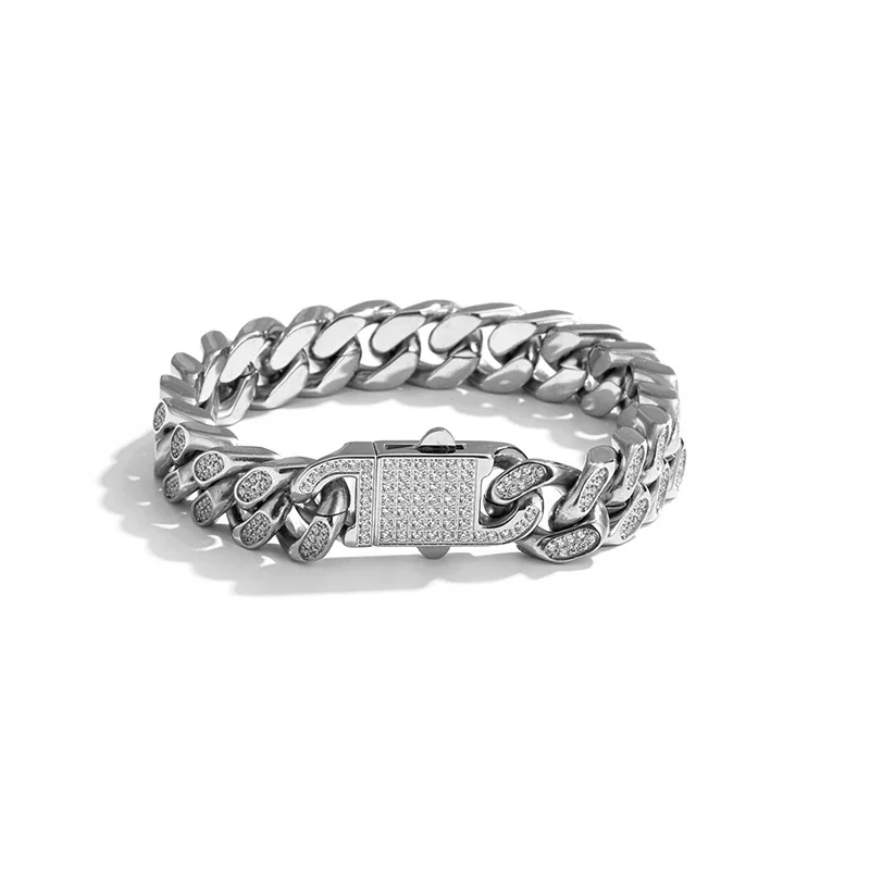 Bold 316 Stainless Steel Pavé Cuban Chain Bracelet - Silver Pavé