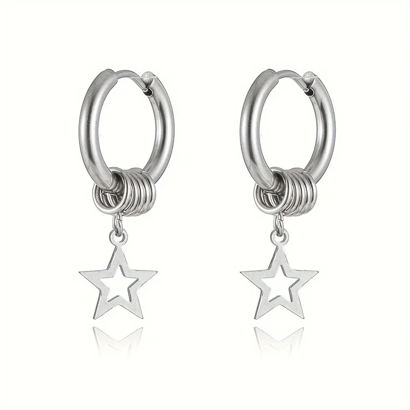 Edgy Stainless Steel Star Charm Ring Hoop Earrings