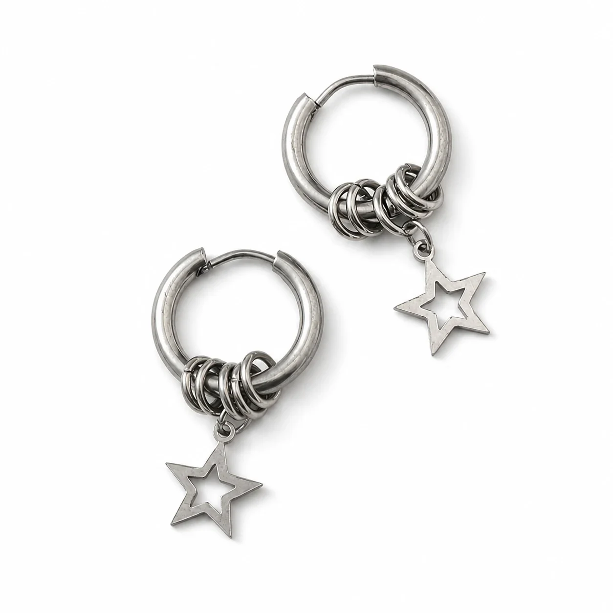 Edgy Stainless Steel Star Charm Ring Hoop Earrings