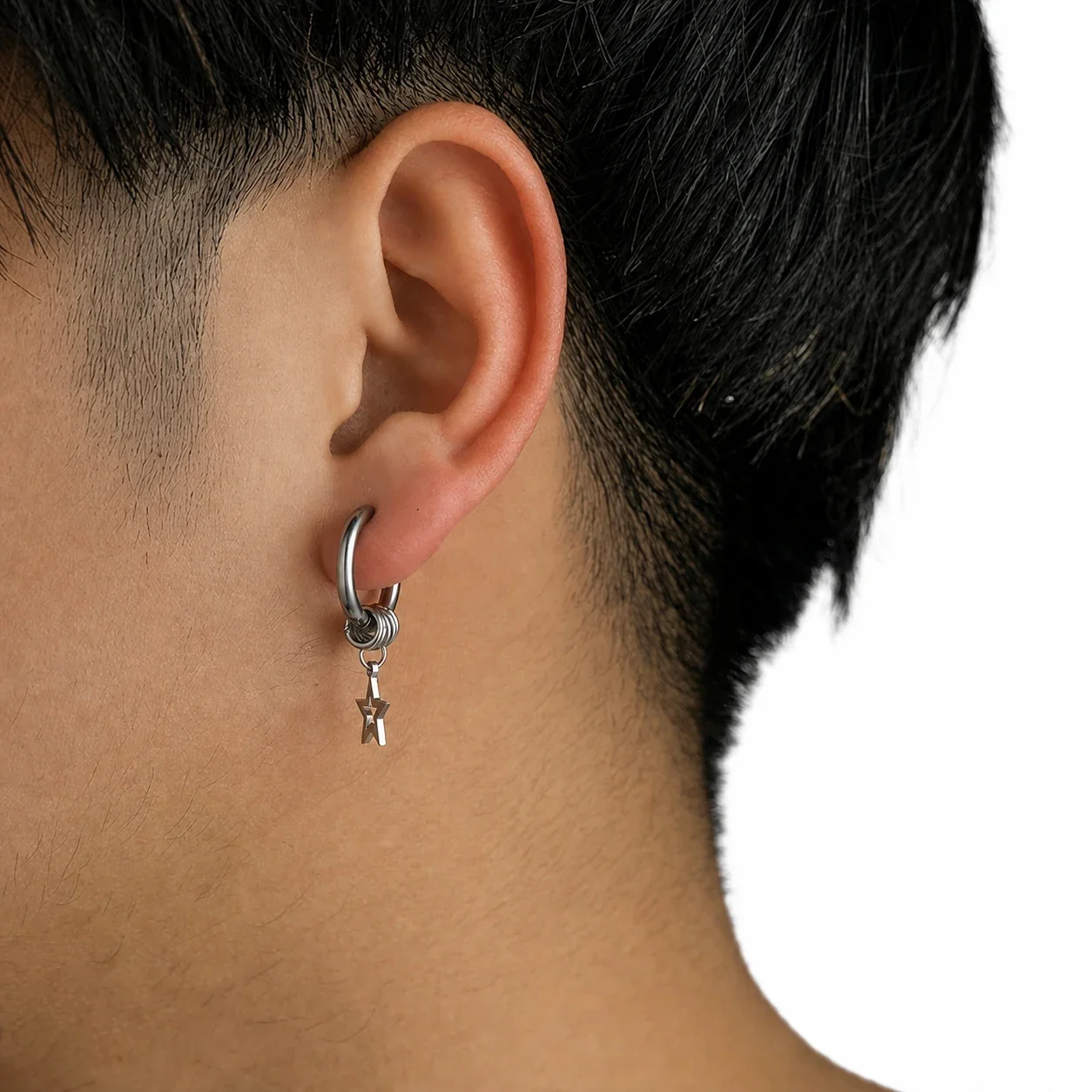 Edgy Stainless Steel Star Charm Ring Hoop Earrings